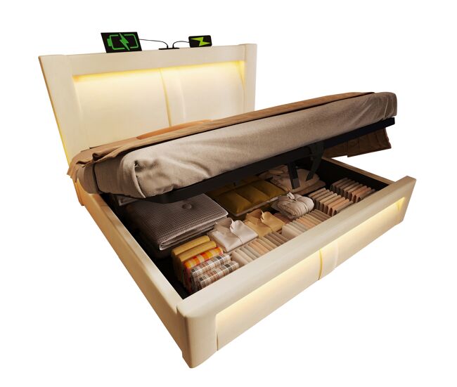 Cama de casal de veludo 160x200 cm com armazenamento e luz led,bege