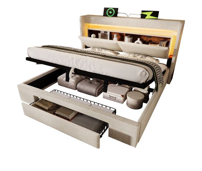 Cama de casal de linho 140x200 cm com armazenamento e luz led,bege