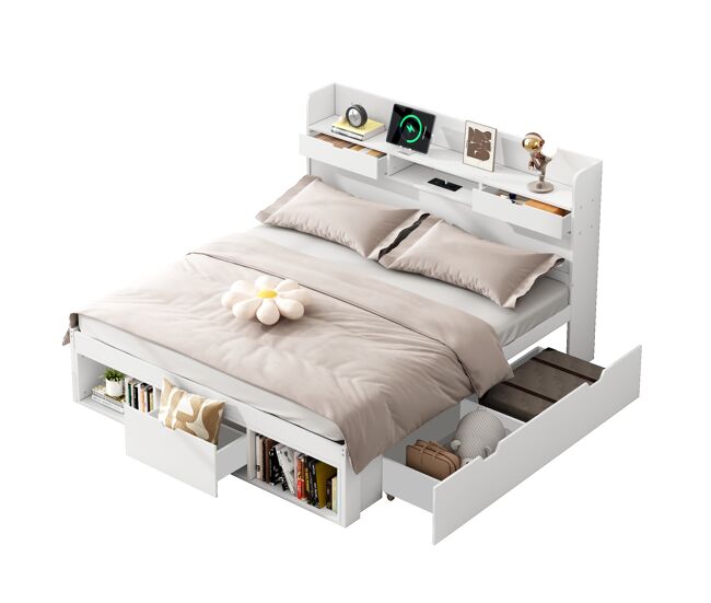 Cama juvenil,cama de casal de madeira de pinho 140x190 cm,branco