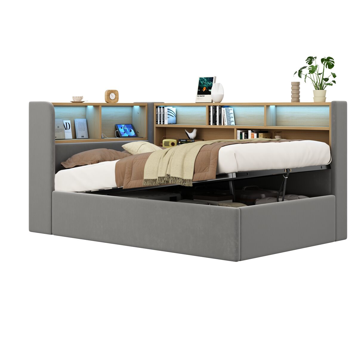 Cama de solteiro de veludo 90x200 cm com armazenamento e luz led,cinza
