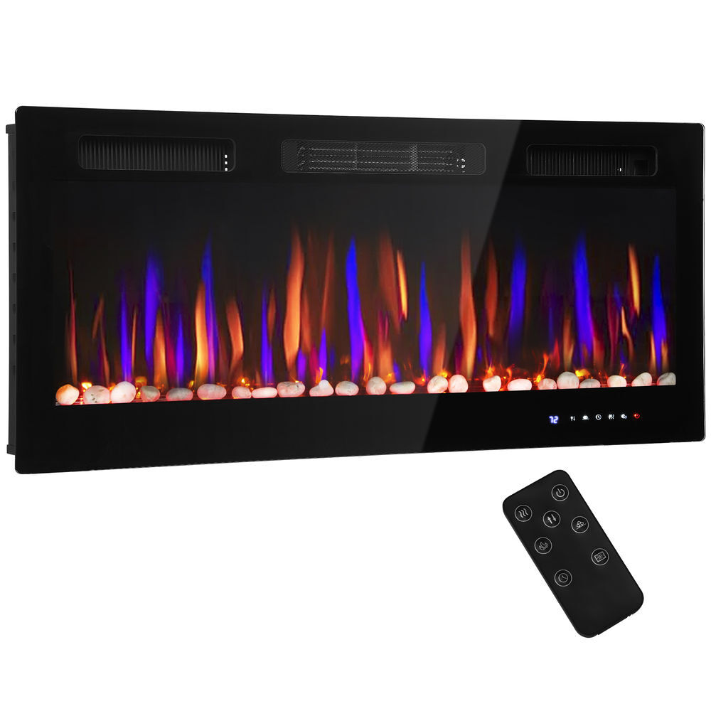 Homcom lareira elétrica ultrafina de parede e embutir com chama 3d lareira decorativa brilho/velocidade ajustável 12 cores pedras 900/1800w