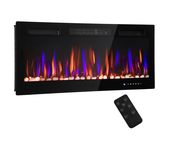 Homcom lareira électrique ultrafina de parede e embutir com chama 3d lareira decorativa brilho/velocidade ajustável 12 cores pedras 900/1800w temporizador termóstato controlo remoto 106,7x9,4x47 cm noir