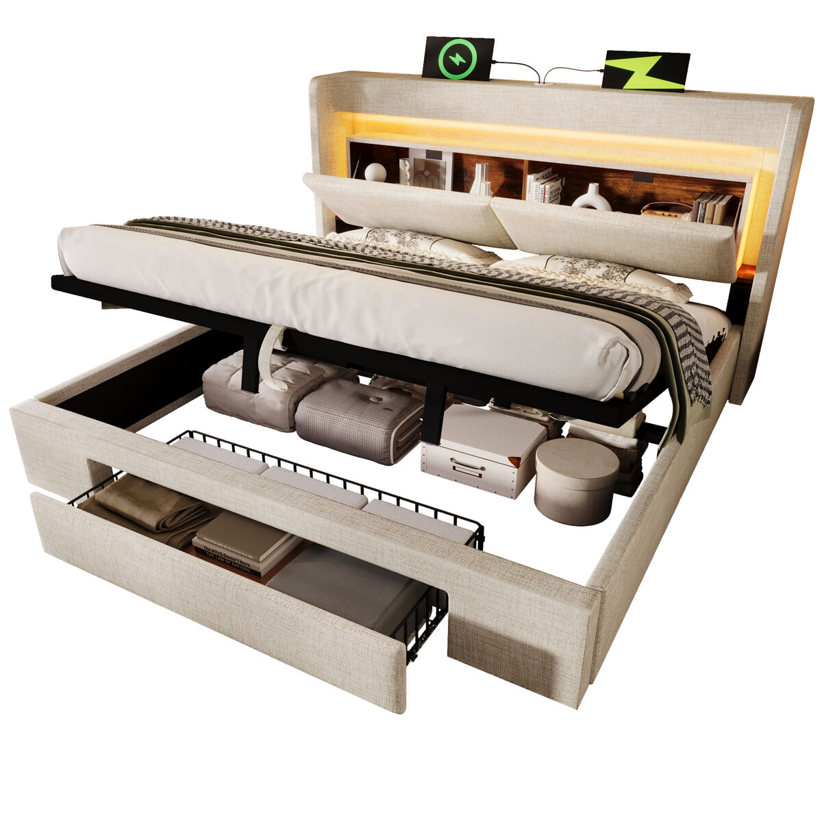 Cama de casal de linho 160x200 cm com armazenamento e luz led,bege