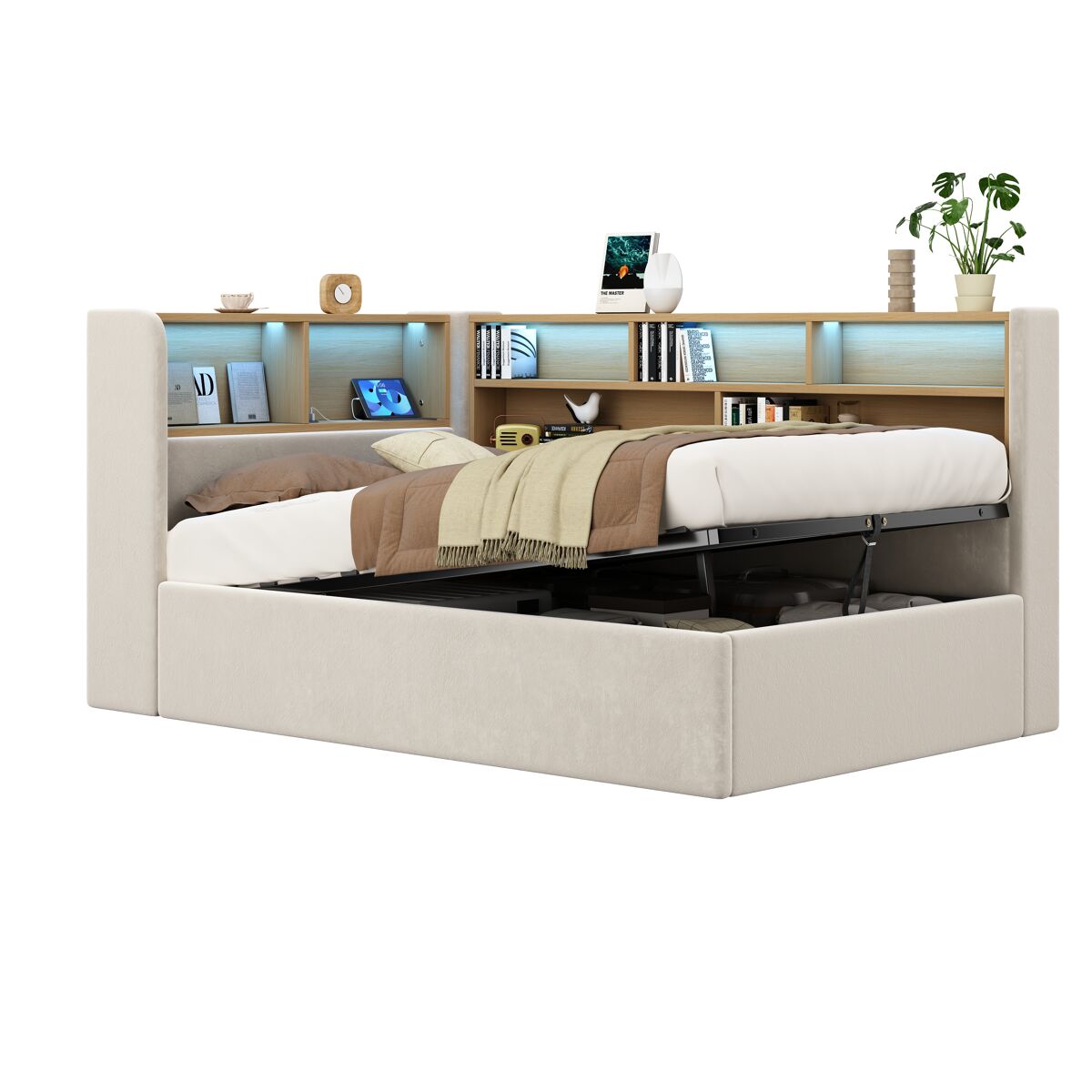 Cama de solteiro de veludo 90x200 cm com armazenamento e luz led,bege
