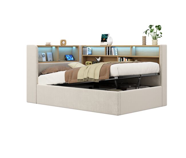 Cama de solteiro de veludo 90x200 cm com armazenamento e luz led,bege
