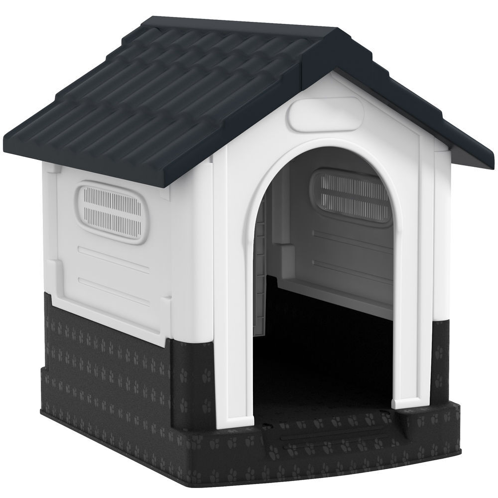 Pawhut casota para cães mini de exterior casa de plástico com 3 janelas base elevada telhado imitando telhas 64,5x57x66 cm cinzento escuro