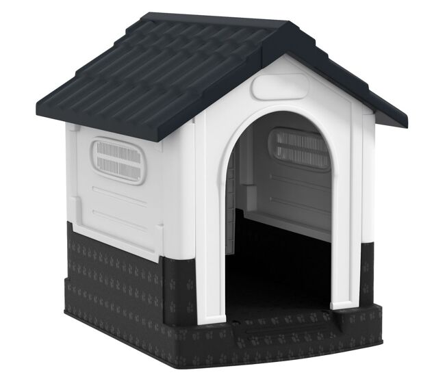 Pawhut casota para cães mini de exterior casa de plástico com 3 janelas base elevada telhado imitando telhas 64,5x57x66 cm cinzento escuro