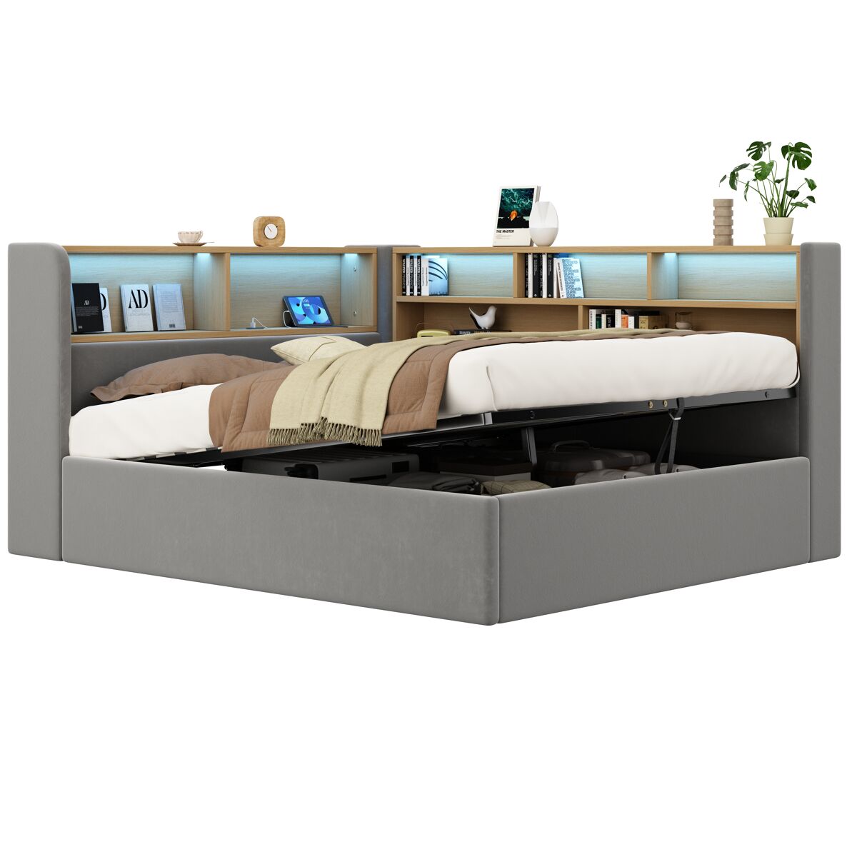 Cama de casal de veludo 140x200 cm com armazenamento e luz led,cinza