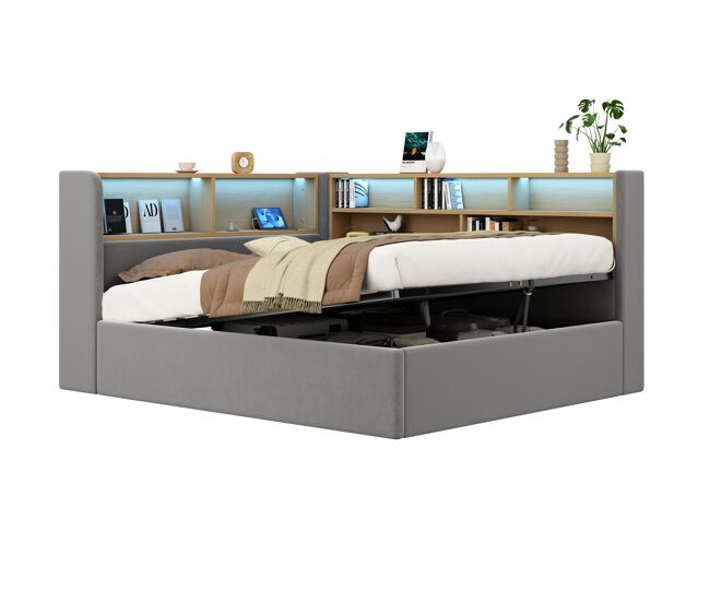 Cama de casal de veludo 140x200 cm com armazenamento e luz led,cinza
