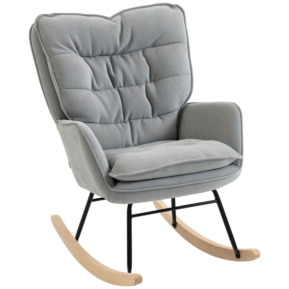 Homcom poltrona baloiço estofada em chenilla cadeira baloiço com pés de madeira de faia e apoio para os braços para lactância carga 120 kg para dormitório sala de estar 71x98,5x97 cm gris claro