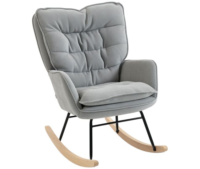 Homcom poltrona baloiço estofada em chenilla cadeira baloiço com pés de madeira de faia e apoio para os braços para lactância carga 120 kg para dormitório sala de estar 71x98,5x97 cm gris claro