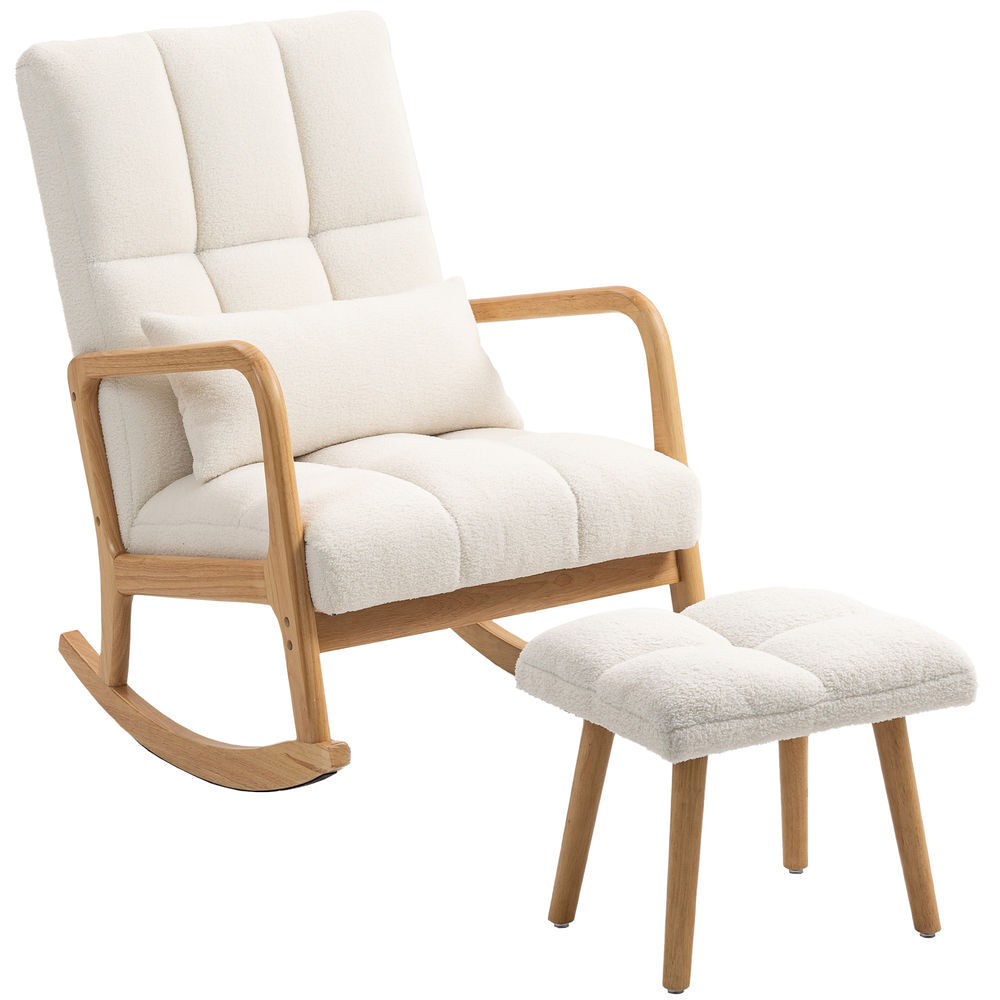 Homcom poltrona de baloiço com apoio para os pés cadeirão de relax estofado em bouclé com almofada acolchoada encosto ergonómico apoios de braços e pés de madeira capacidade 120 kg 64,5x82x89 cm branco