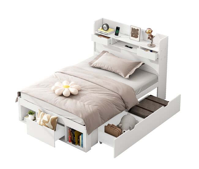 Cama juvenil,cama de solteiro de madeira de pinho 90x200 cm,branco