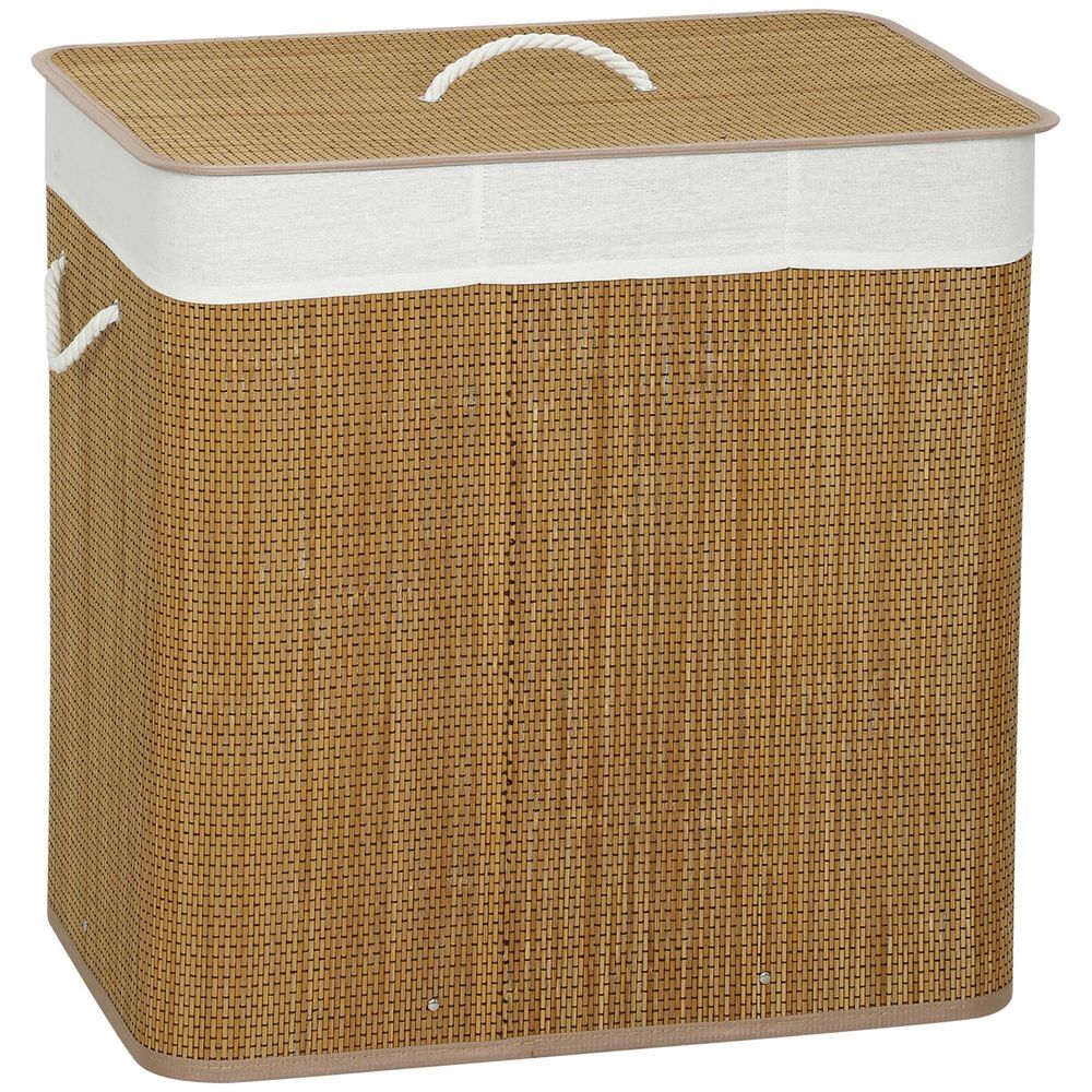 Homcom cesto de roupa suja com tampa 144l cesto de roupa suja de bambu com 3 compartimentos bolsa interior removível e lavável pegas para lavandaria