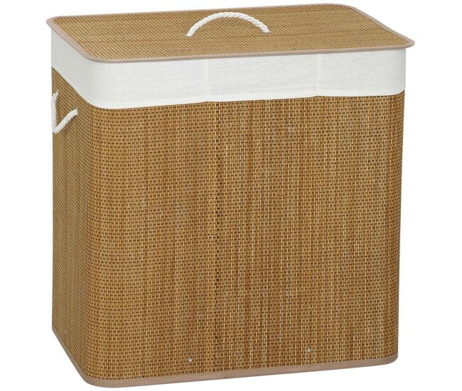 Homcom cesto de roupa suja com tampa 144l cesto de roupa suja de bambu com 3 compartimentos bolsa interior removível e lavável pegas para lavandaria