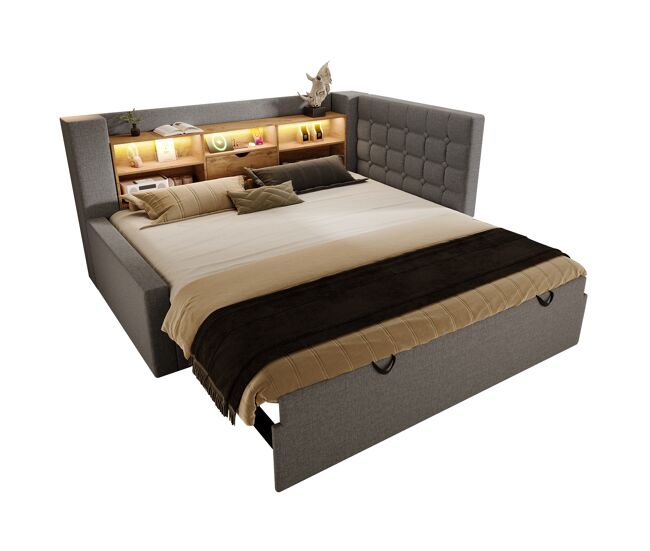 Cama gavetão de linho 90x200 cm com luz led,cinza