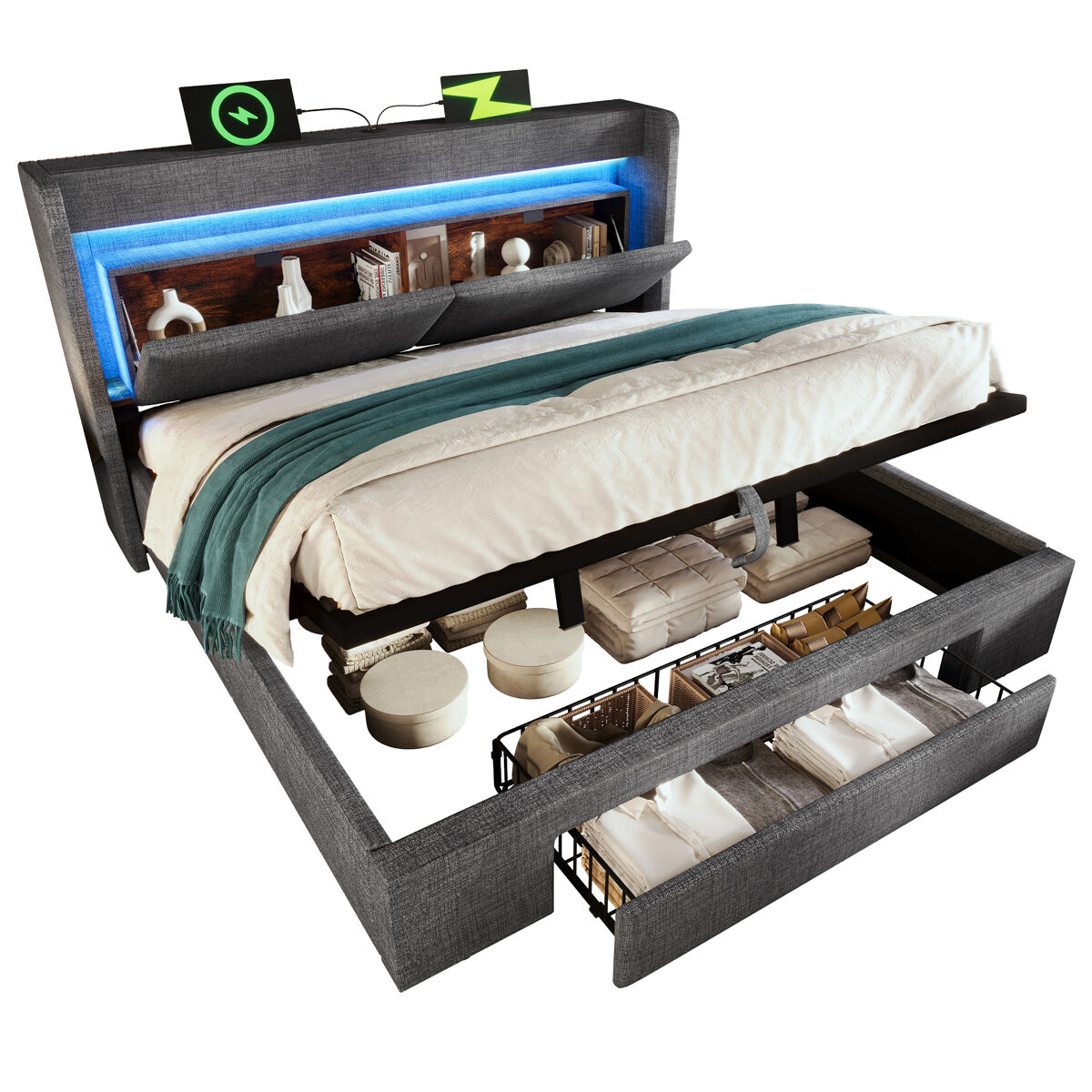 Cama de casal de linho 140x200 cm com armazenamento e luz led,cinza