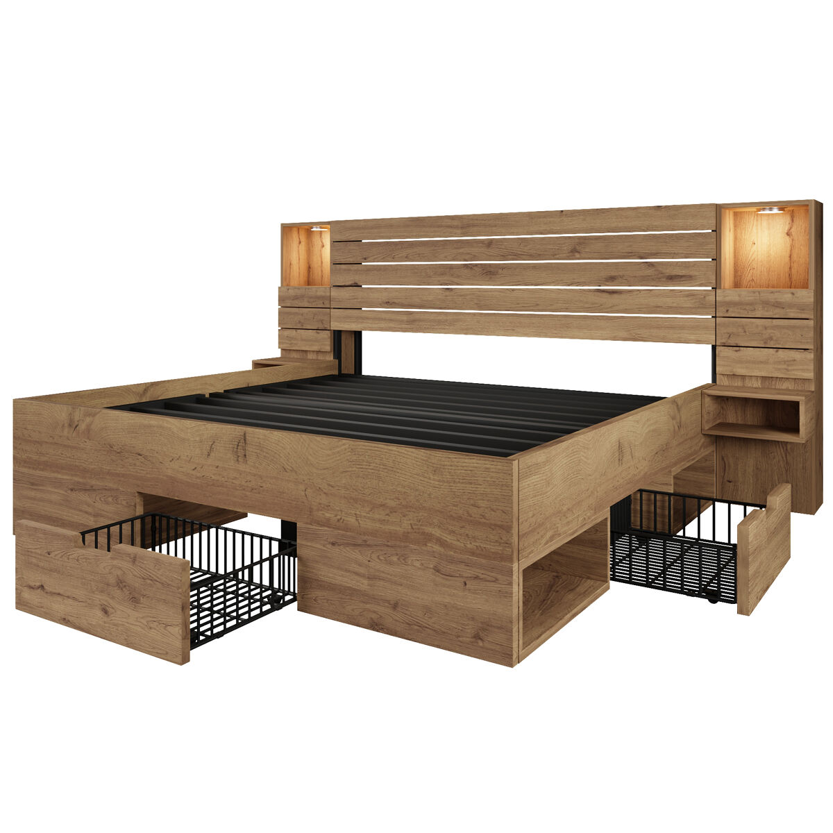 Cama de casal de madeira maciça 180x200 cm com luz led,carvalho