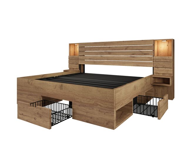 Cama de casal de madeira maciça 180x200 cm com luz led,carvalho