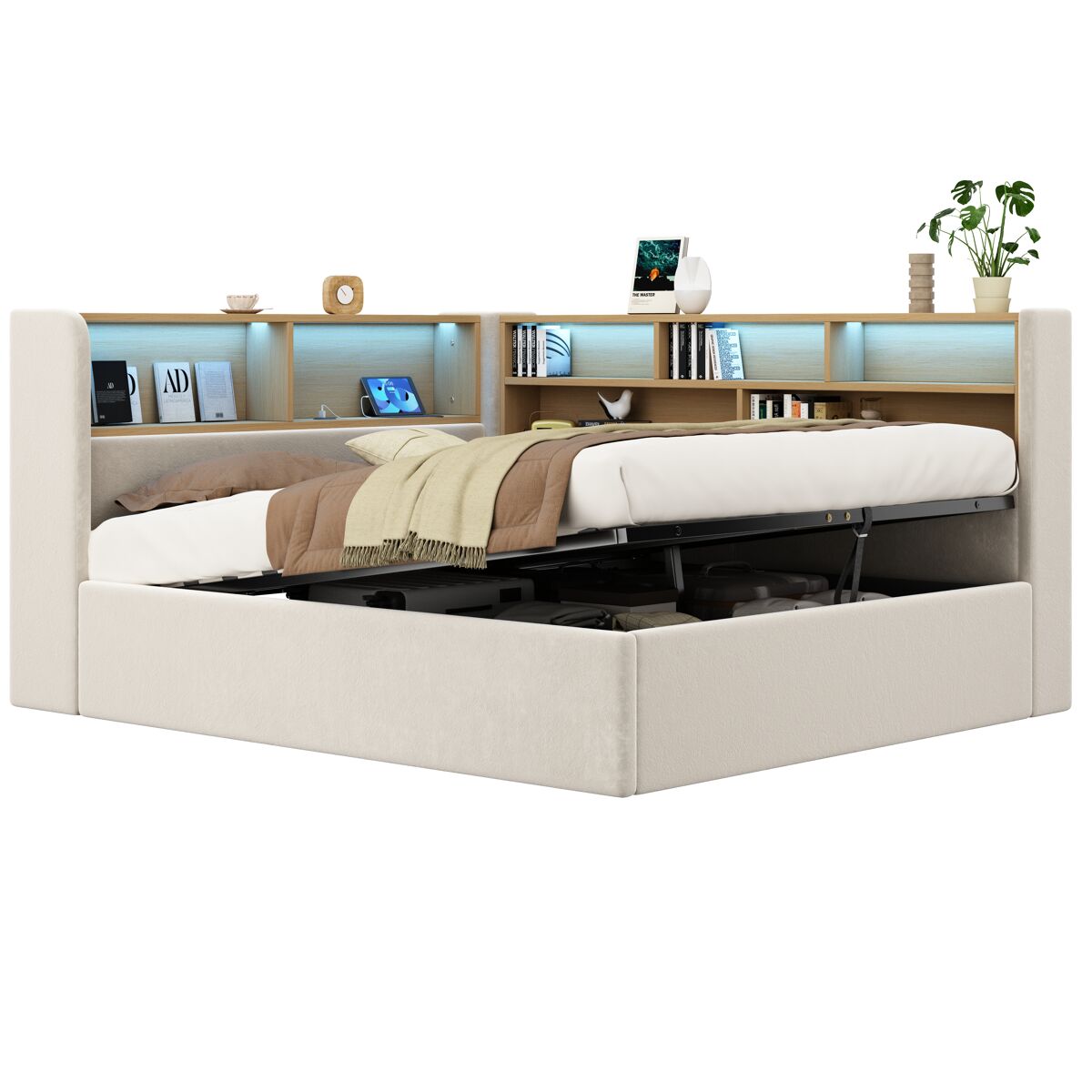 Cama de casal de veludo 140x190 cm com armazenamento e luz led,bege