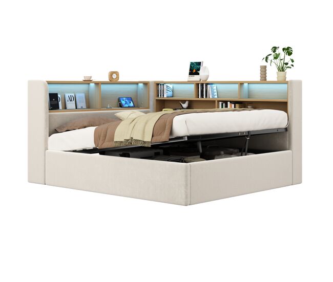Cama de casal de veludo 140x190 cm com armazenamento e luz led,bege