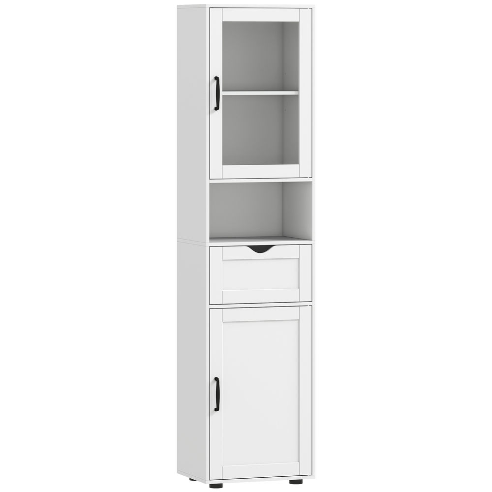 Homcom enceinte casa de banho móvel auxiliar com porta de vidro étagères ajustáveis gaveta e étagère aberta enceinte estreita para espaços pequenos 40x30x165 cm blanc