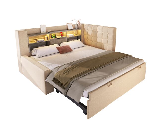 Cama gavetão de linho 90x200 cm com luz led,bege