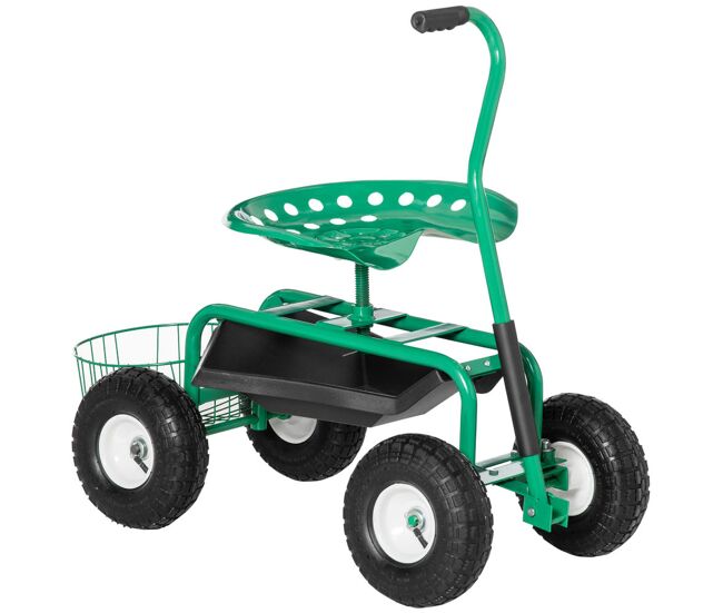 Outsunny banco de jardim com rodas banco de jardinagem giratório e ajustável em altura rodas pneumáticas bandeja para ferramentas e cesta capacidade