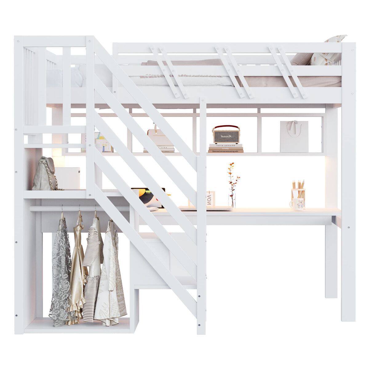 Cama individual 90x200 - escada com armário, secretária, usb e luz led - branco