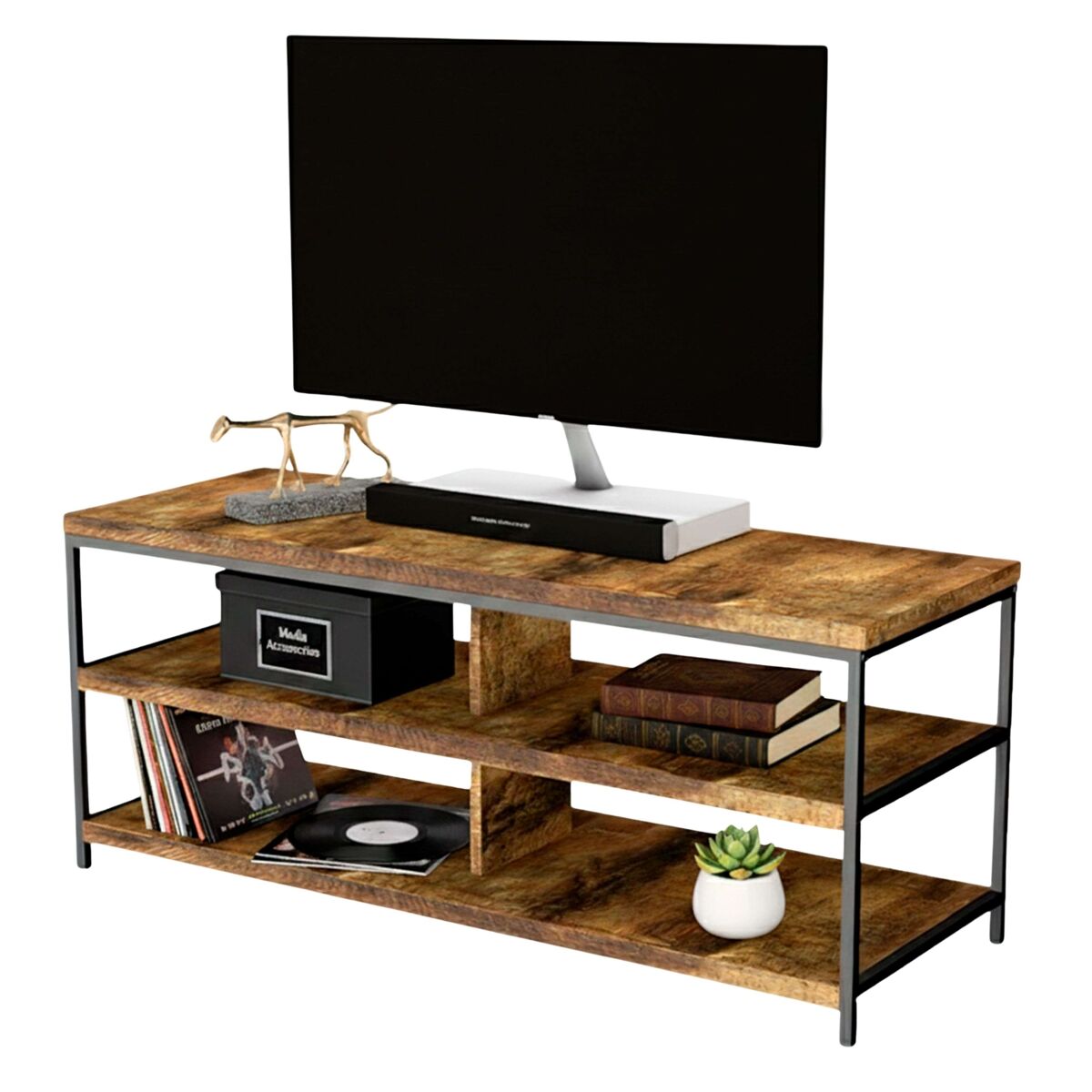 Conjunto de móveis para sala de estar de 3 peças, composto por rack para tv, mesa de centro e poltrona, nas cores carvalho e preto.
