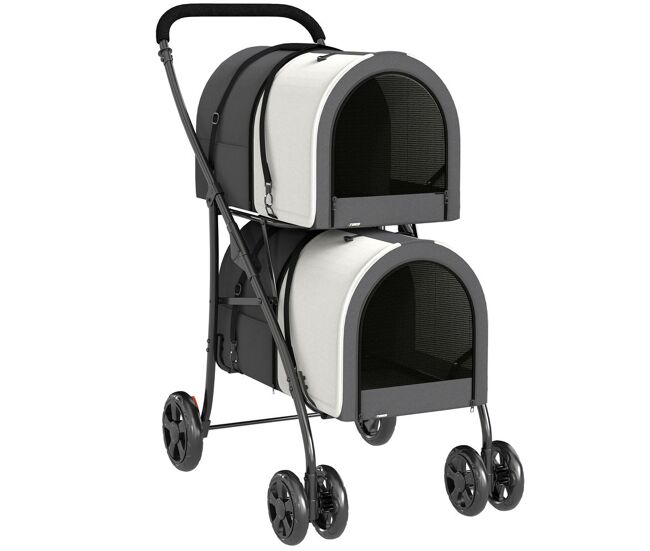 Pawhut carrinho duplo para cães e gatos dobrável com 2 transportadoras removíveis cinto de segurança bolsos laterais e 2 almofadas cada compartimento