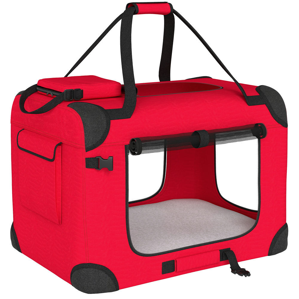 Pawhut transportadora dobrável para cães 60x41,5x41 cm com janelas de rede almofada macia e 2 alças bolsa para mini cães e gatos vermelho