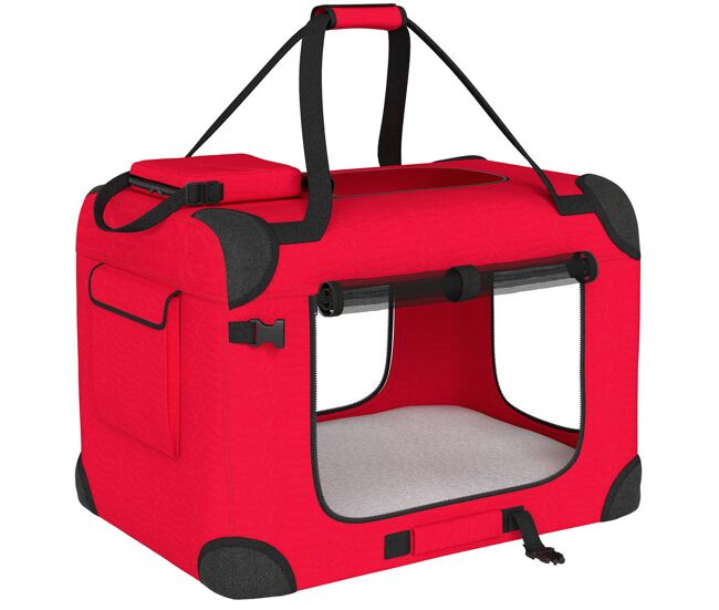 Pawhut transportadora dobrável para cães 60x41,5x41 cm com janelas de rede almofada macia e 2 alças bolsa para mini cães e gatos vermelho