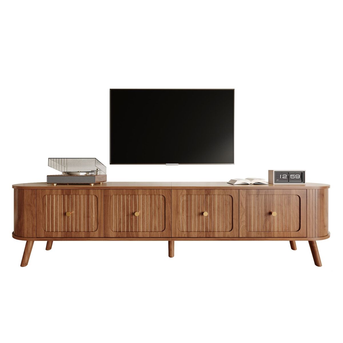 Móvel de tv 180x38x47 cm - 4 portas, puxadores dourados, pés de madeira - nogal