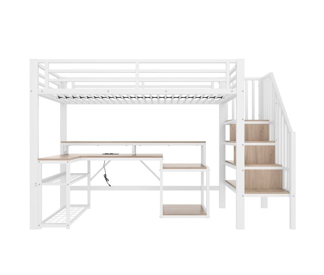 Cama alta 90x200 cm - estrutura metálica, secretária, escada com arrumação, led, usb - branco