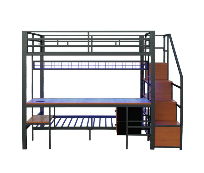 Cama alta metálica 140x200+90x200 - secretária, led, tomadas, arrumação e gavetas - preto