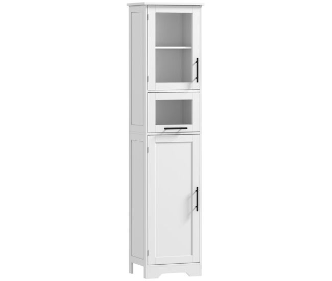 Homcom armário de casa de banho alto móvel auxiliar de casa de banho com porta de vidro prateleiras ajustáveis gaveta coluna estreita para espaços