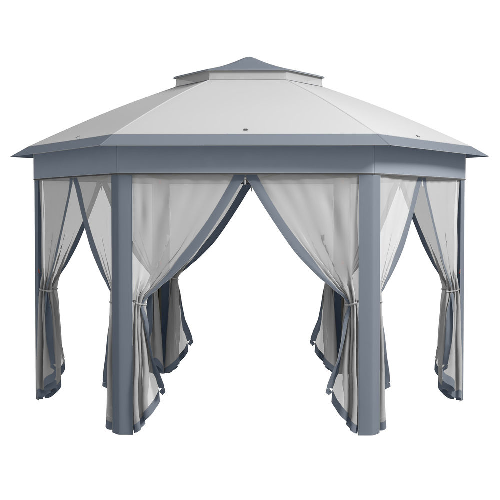 Outsunny tenda dobrável 4x3,4 m tenda de jardim hexagonal com duplo tecto 6 mosquiteiras destacáveis e saco de transporte impermeável anti-uv para