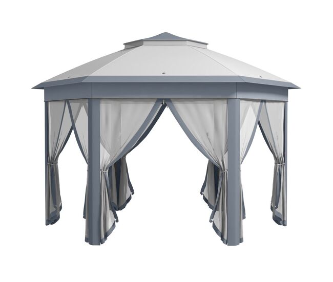 Outsunny tenda dobrável 4x3,4 m tenda de jardim hexagonal com duplo tecto 6 mosquiteiras destacáveis e saco de transporte impermeável anti-uv para