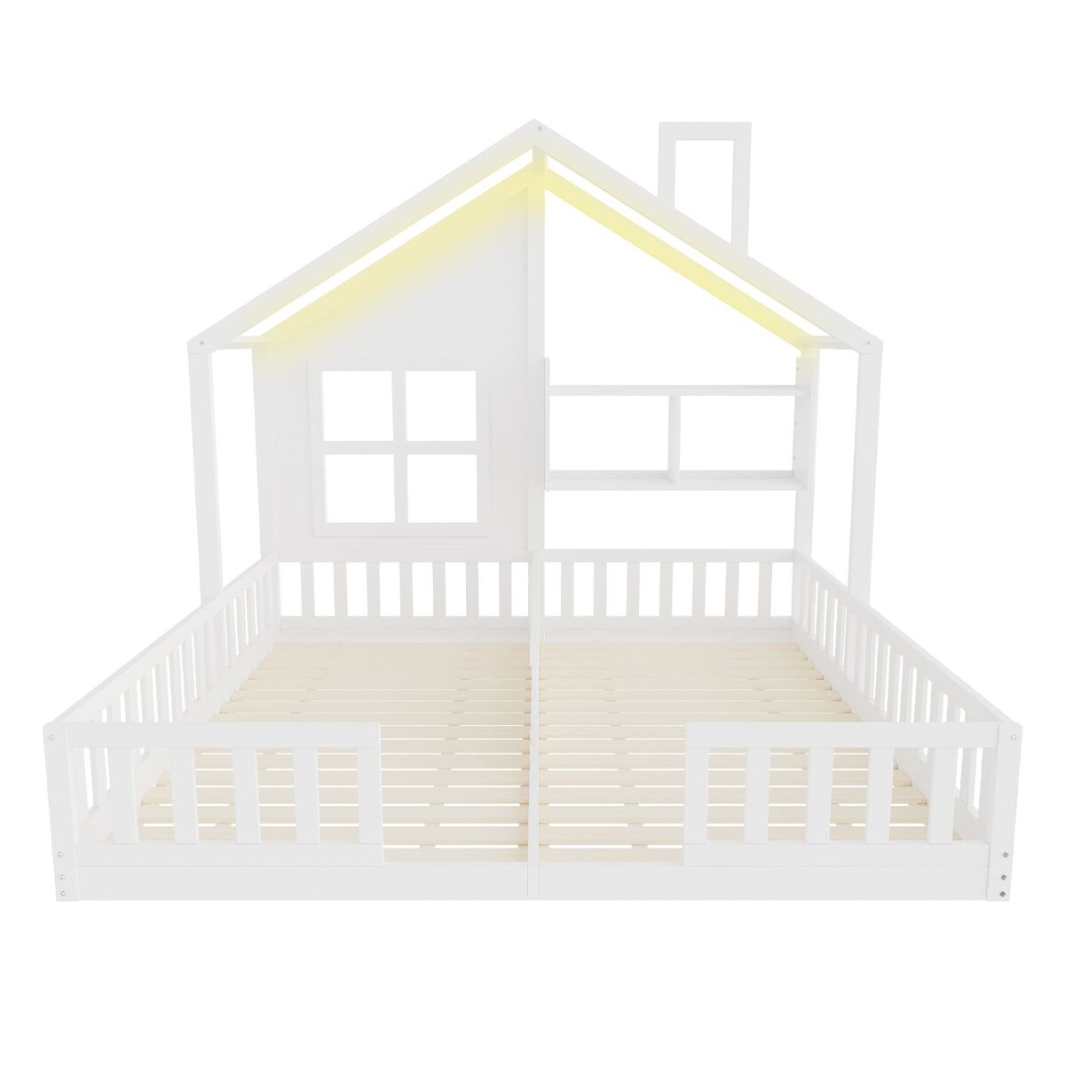 Cama infantil de madeira 90x200 - design casa com janelas e chaminé, led, grade e prateleiras - branco