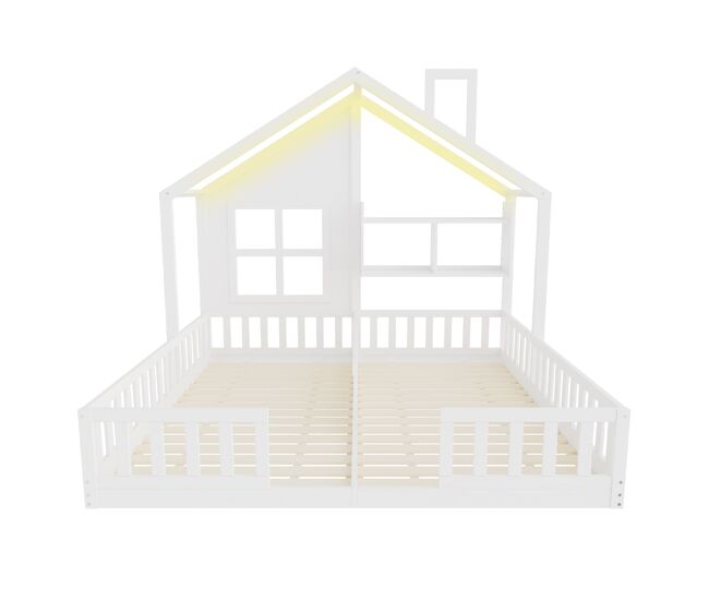 Cama infantil de madeira 90x200 - design casa com janelas e chaminé, led, grade e prateleiras - branco