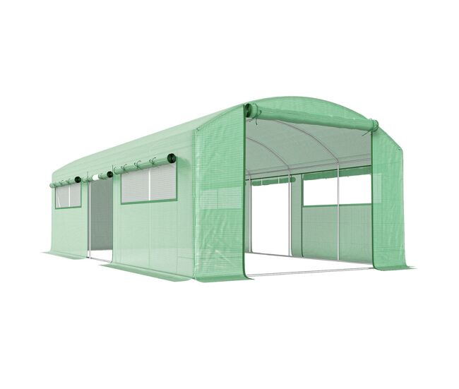 Outsunny estufa de exterior 6x3x2 m, estufa tipo túnel com 3 portas enroláveis, janelas com rede, cobertura pe 140g/m² anti-uv e estrutura de aço