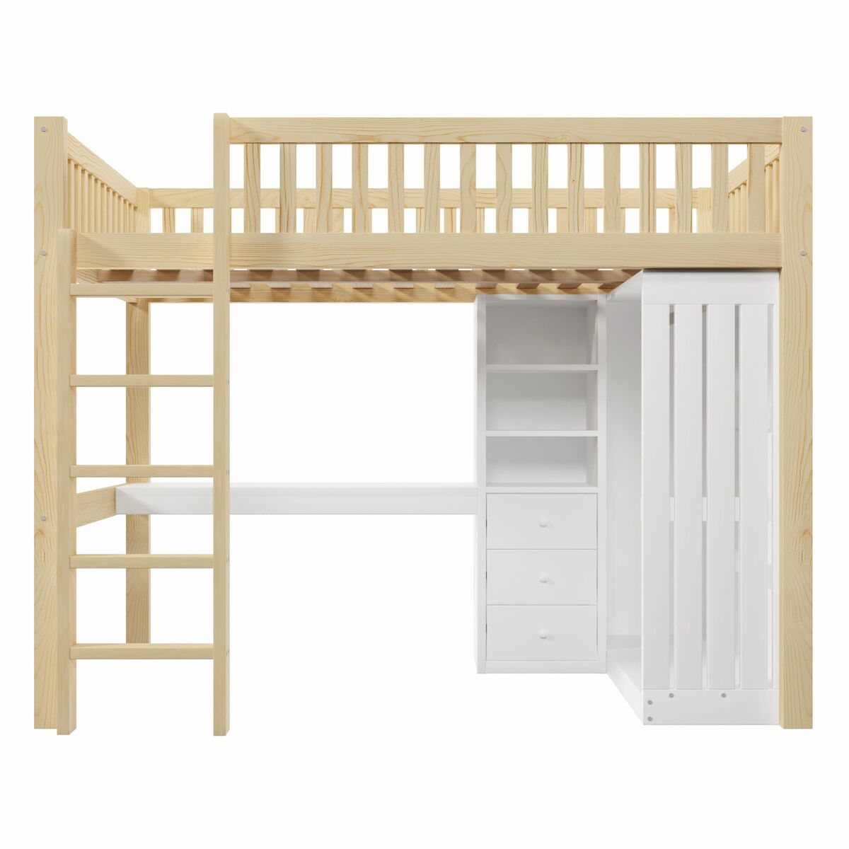 Cama alta 140x200 cm - secretária, armário, 3 gavetas, arrumação, grade, escada - natural