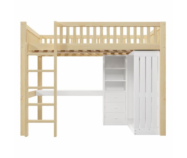 Cama alta 140x200 cm - secretária, armário, 3 gavetas, arrumação, grade, escada - natural