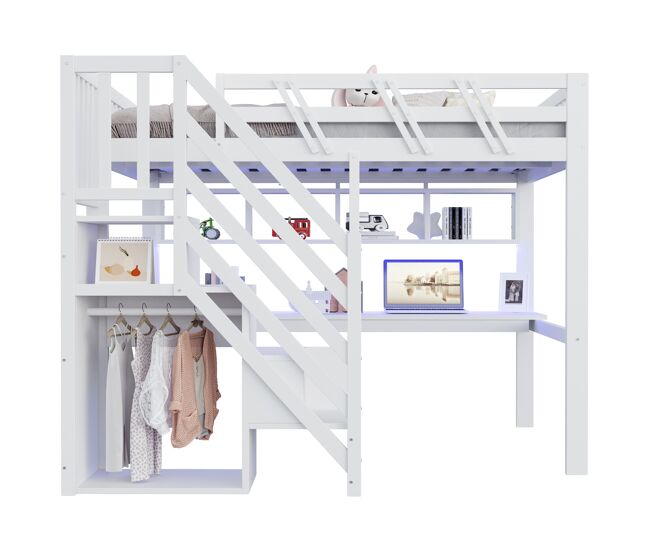 Cama alta 140x200 - secretária, escada com arrumação, led e usb - branco