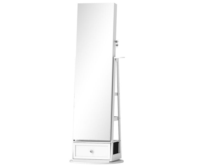 Homcom armário de joias com espelho e luzes led, armário de pé para joias com espelho de corpo inteiro, suporte para secador, rotativo 360°, gaveta,
