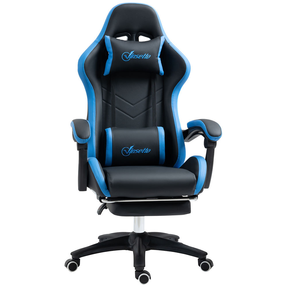 Vinsetto cadeira gaming ergonómica cadeira gamer de pele pu com reclinação até 135° suporte lombar altura ajustável apoio para a cabeça e apoio para os pés retrátil noir e bleu