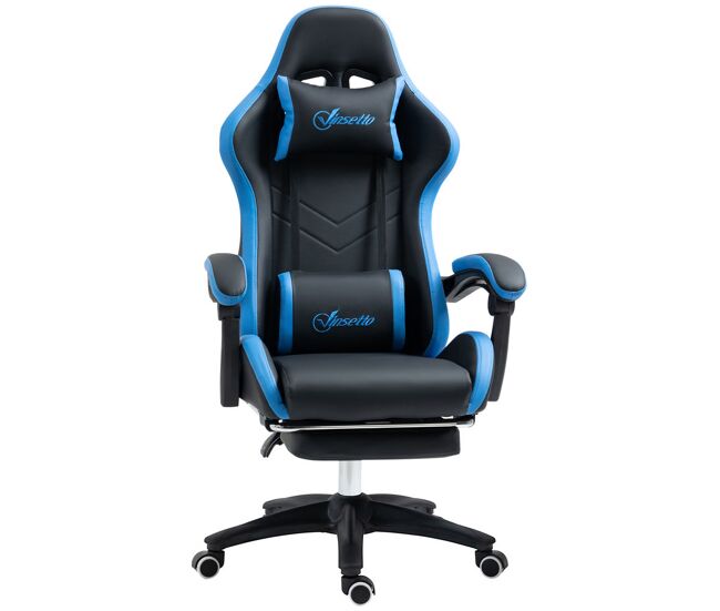 Vinsetto cadeira gaming ergonómica cadeira gamer de pele pu com reclinação até 135° suporte lombar altura ajustável apoio para a cabeça e apoio para os pés retrátil noir e bleu
