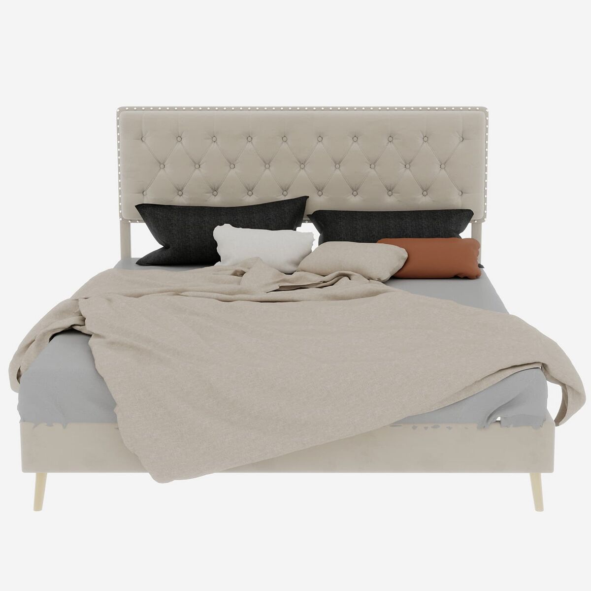 Cama estofada 160x200 - minimalista, cabeceira suave e confortável, base baixa - bege
