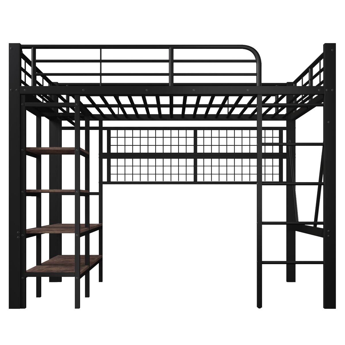 Cama alta 140x200 cm - estrutura metálica, prateleira, barra para roupa, espaço aberto, iluminação led - preto